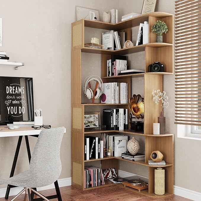 Corner Shelf,7-Tier Corner Bookshelf,Farmhouse L Shaped Shelves Etagere Bookcase, Large L Shaped Bookshelf with Vine Woven Open Storage Cabinet for Home Office (Large,Log Color)
