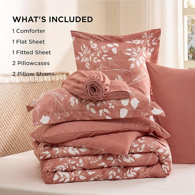 Bedsure Dusty Pink King Comforter Set - 7 Pieces Floral Bedding Sets, King Bed in a Bag with Reversible Botanical Flowers Comforter, Sheets, Pillowcases & Shams