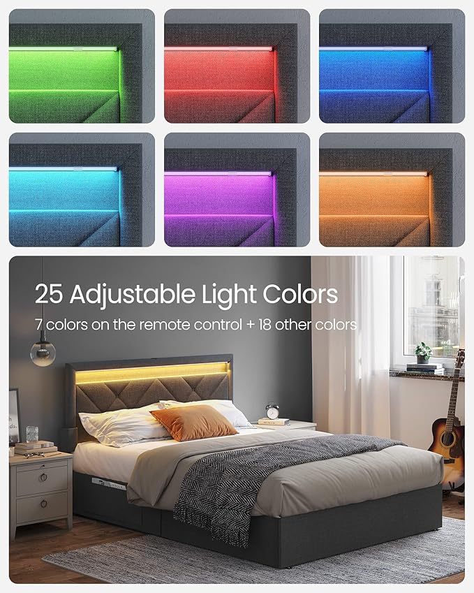 VASAGLE LED Bed Frame Full Size, Full Bed with Headboard and 4 Drawers, 1 USB Port and 1 Type C Port, Adjustable Upholstered Headboard 37.1/39.6 Inches, No Box Spring Needed, Dark Gray URMB822G71