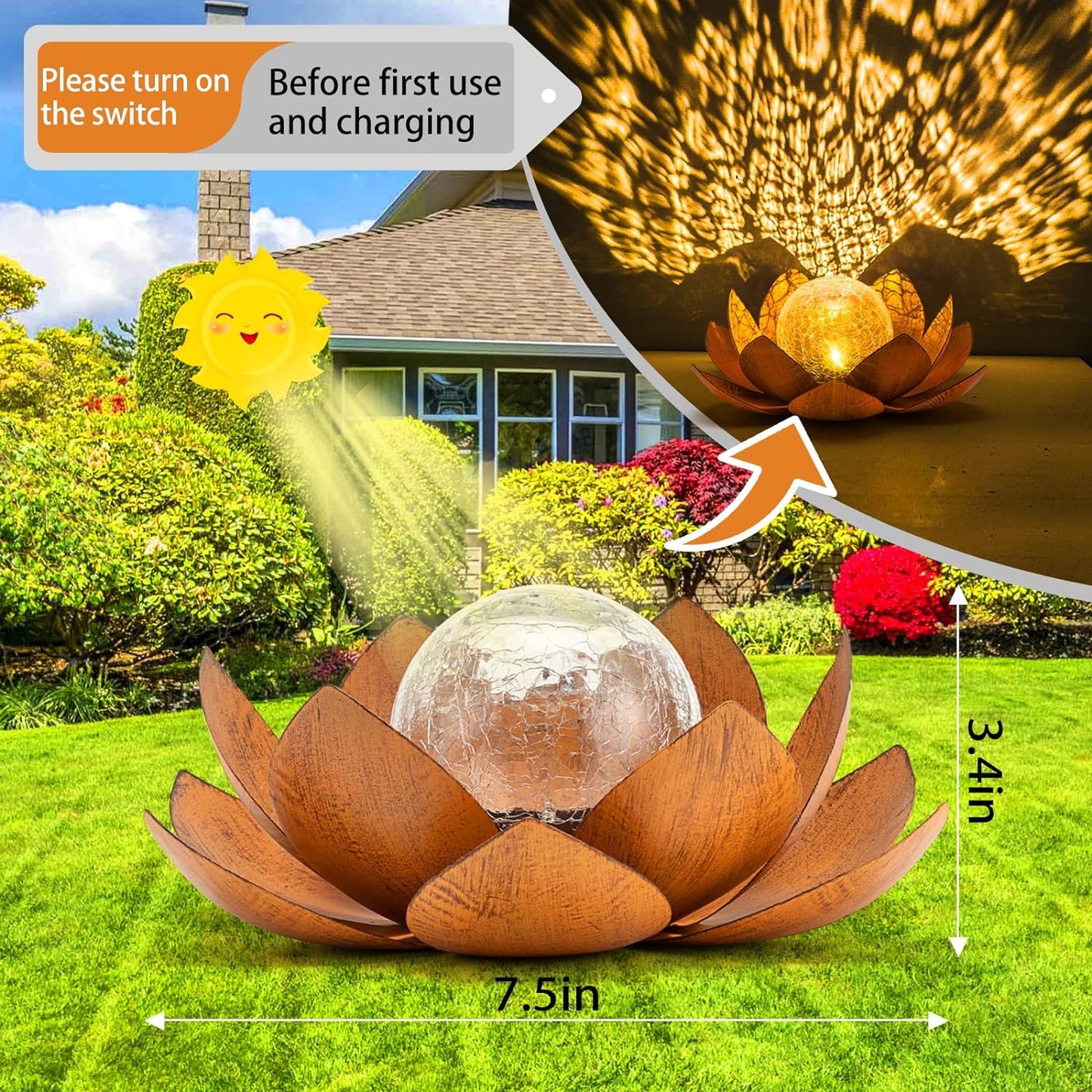 Solar Light Outdoor(2Pack), Art Crackle Globe Glass Lotus Decoration, Solar LED Waterproof Metal Flower Lights for Patio,Lawn,Walkway,Tabletop