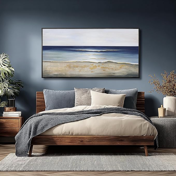 Yuaxker Ocean Wall Art Large Framed Wall Decor Blue and Gold Artwork Room Decor Aesthetic for Living Room Bedroom Dining Room Office Home Decor 30x60 Inch