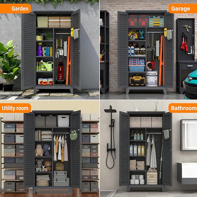 Shutter Metal Storage Cabinet,Waterproof 73'' Tall Freestanding Tool Chest w/ 3 Adjustable Shelves,Locking Doors,2 Hanging Rod,Utility Garage Storage Tool Cabinet for Garage,Home,Office,Outdoor,Black