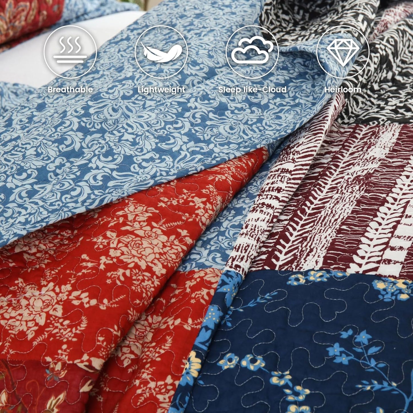 Secgo Queen Comforter Set for Bed - 100% Cotton Quilts Queen Size, Black Bedspreads (90 * 98 Inch) with 2 Pillow Shams, Patchwork Reversible Lightweight Bedding