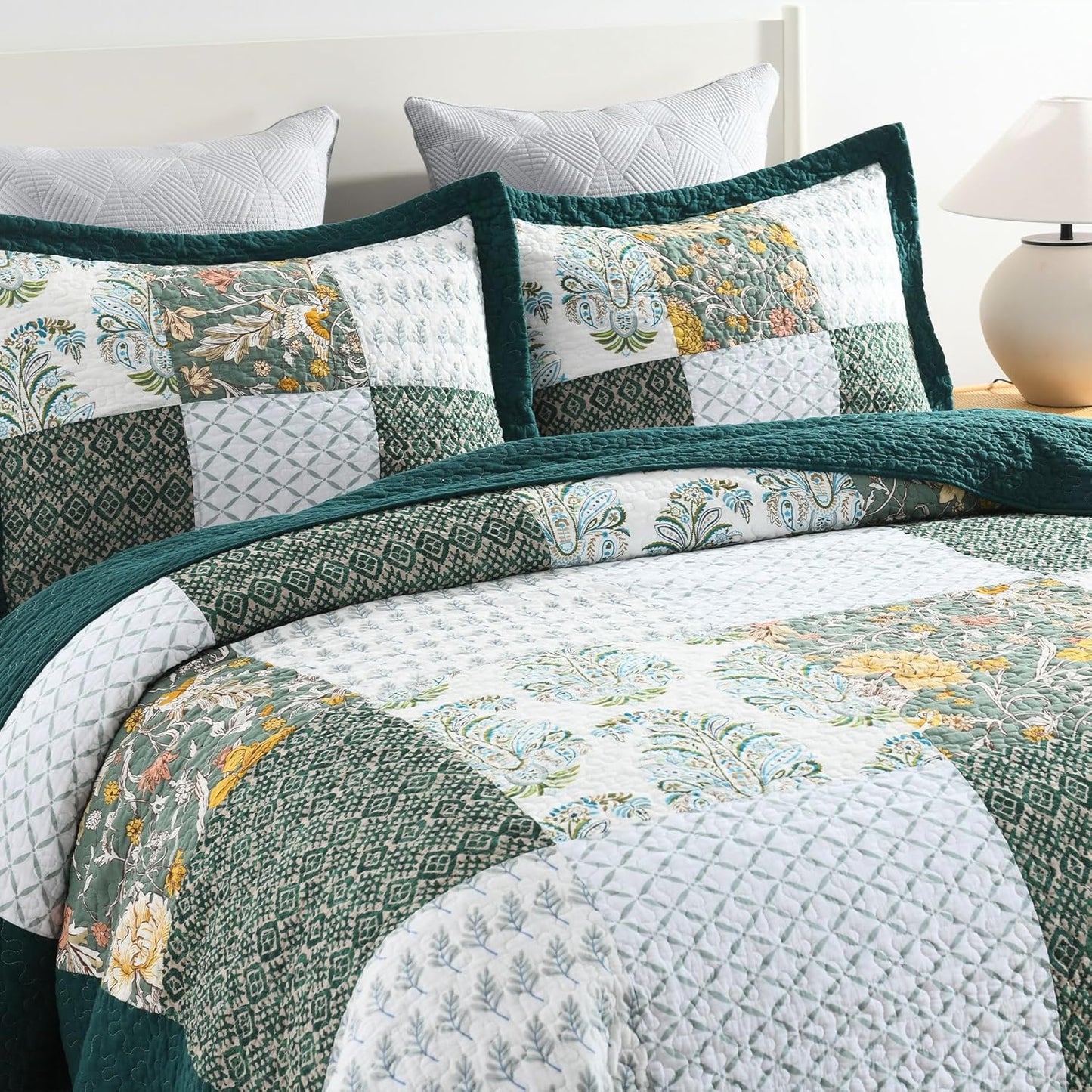 Secgo King Size Comforter Set- 100% Cotton Quilt King Size Set, Green, Emerald, bedspreads (98 * 106 Inch) with 2 Pillow Shams, Patchwork Reversible Lightweight Bedding