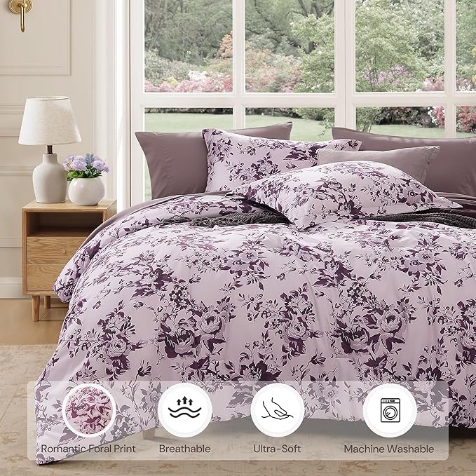 Queen Comforter Set -7 Pieces Deep Purple Floral Comforter Set for All Seasons, Bed in a Bag Queen with Botanical Flowers Comforter, Sheets, Pillowcases & Shams