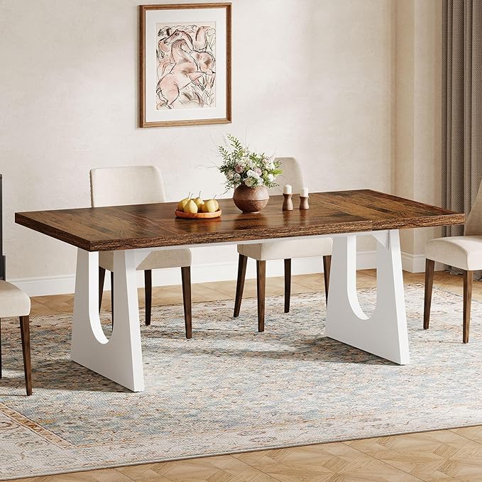 Tribesigns Large Dining Table for 6-8 People, 70.9" Wood Rustic Rectangular Table with White Wooden Legs, Farmhouse Center Kitchen Table for Dining Room, Living Room, Home Furniture (Brown & White)