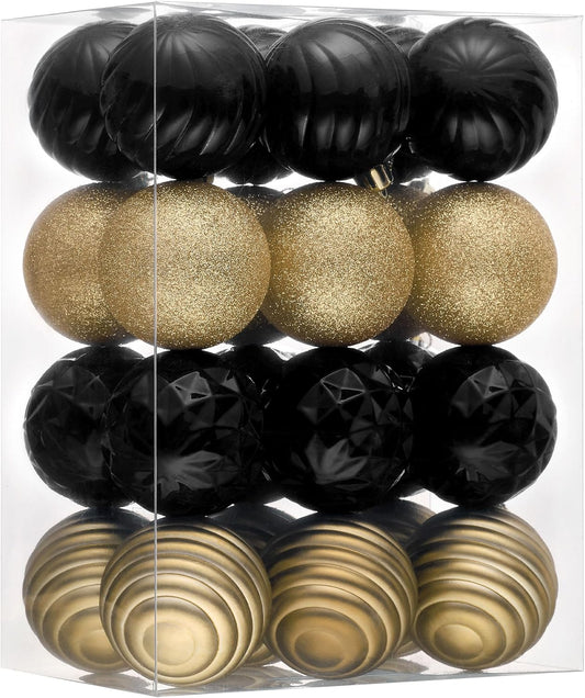 Valery Madelyn Christmas Ornaments Tree Decorations Set for Fall Halloween, 24ct Black Gold Shatterproof Ball Ornaments, 2.36" Hanging Ornament Bulk for Xmas Holiday Party Decor