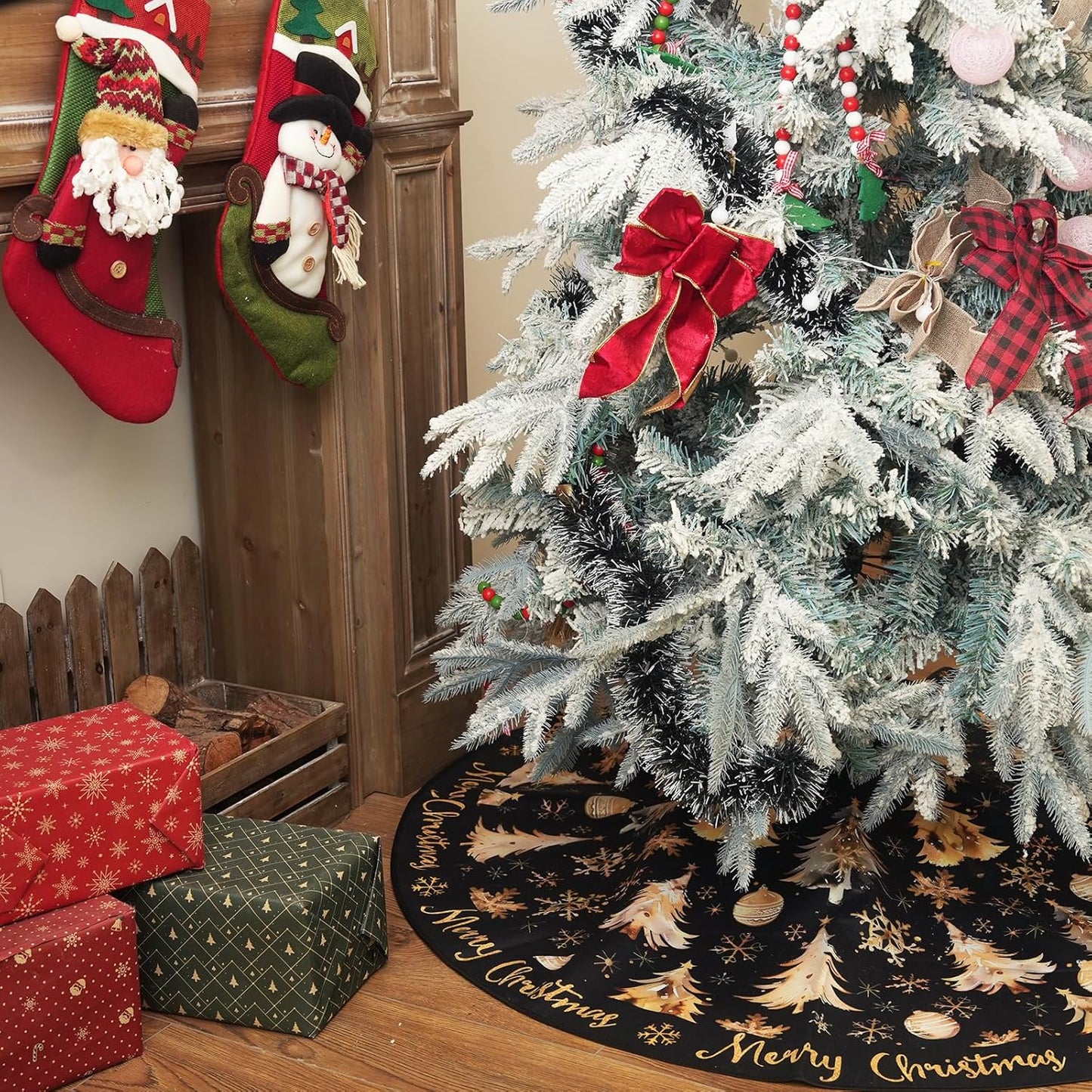 CROWNED BEAUTY Christmas Tree Skirt 36 Inch Xmas Trees Soft Holiday Decoration (Black Gold) TS26-36