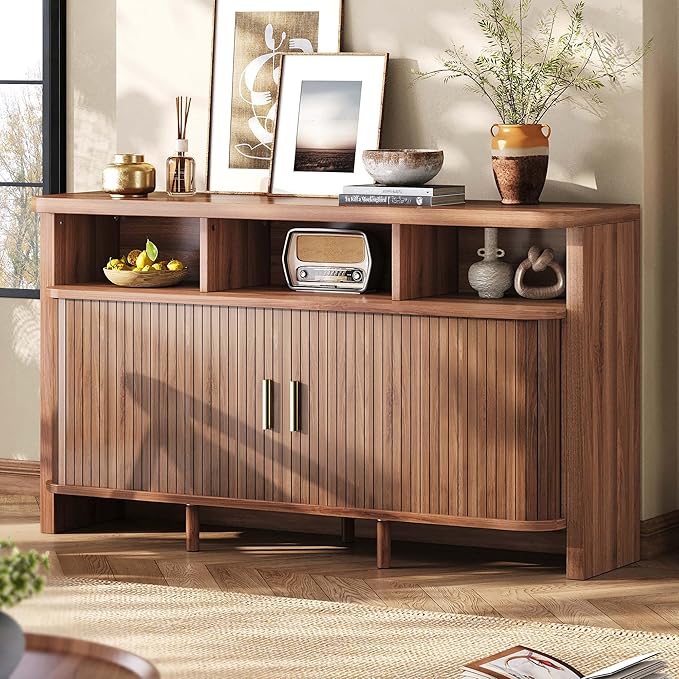 IRONCK 55" Sideboard Buffet Cabinet with Storage, Fluted Credenza with Sliding Door & Open Shelf, Mid Century Modern Accent Coffee Bar Console Table for Kitchen, Living Room, Entryway, Walnut