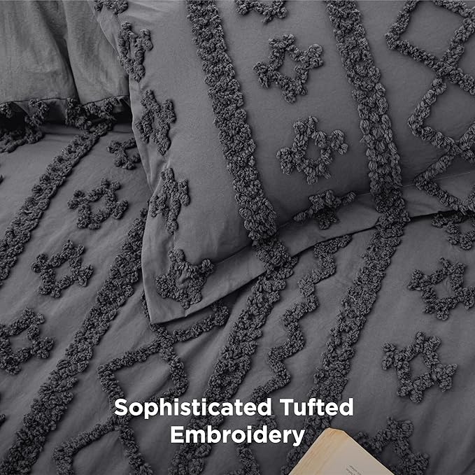 Bedsure Tufted Boho Comforter Set King Size - Dark Grey Boho Bed Set, GentleSoft™ 3 Pieces Farmhouse Shabby Chic Embroidery Bedding, Gifts for Woman, Soft Jacquard King Comforter for All Seasons