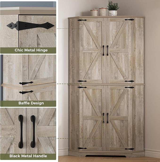 IRONCK Corner Cabinet, 72" Kitchen Pantry Cabinet, 6-Tier Farmhouse Pantry with 2 Adjustable Shelves, 240° Swivel Doors, 2 Doors Storage, Spacious Hutch for Kitchen, Living Room, Rustic Maple