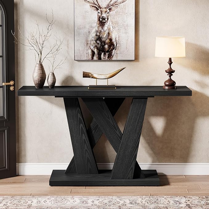 Tribesigns 55-Inch Farmhouse Console Table, Farmhouse Behind The Couch Table TV Stand with Geometric Base, Skinny Sofa Table Entryway Table for Entrance, Living Room, Hallway, Foyer, Black