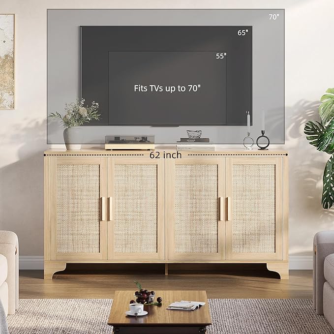 Garvee Natural Rattan Storage Cabinet with Shelves, 4-Door Sideboard Buffet Cabinet, Boho TV Stand Console Table for Living Room, Entryway, Dinning Room