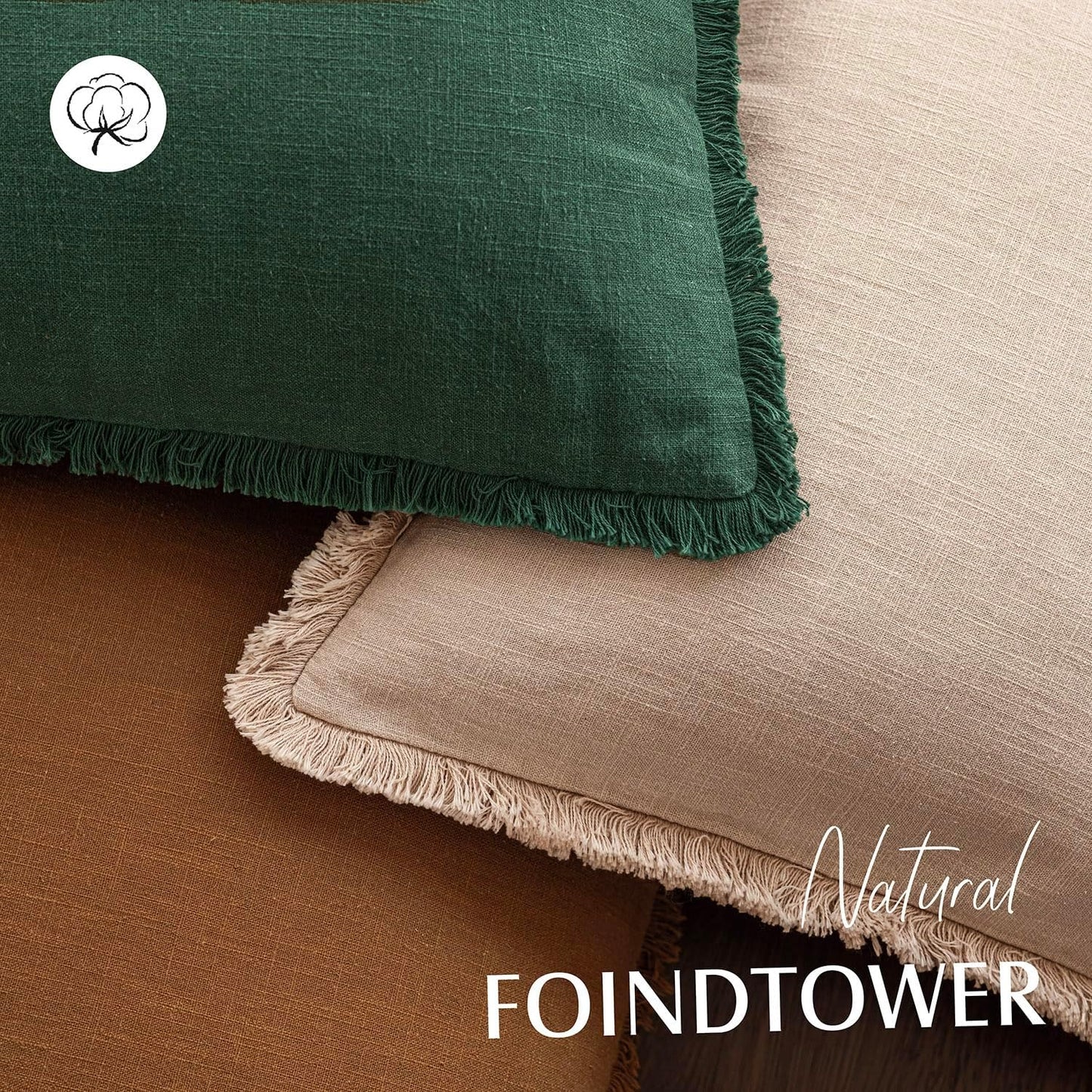 Foindtower Set of 2 Decorative Linen Fringe Throw Pillow Covers Cozy Boho Farmhouse Cushion Cover with Tassels Soft Accent Pillowcase for Couch Sofa Bed Living Room Home Decor, 26×26 Inch, Pine Green