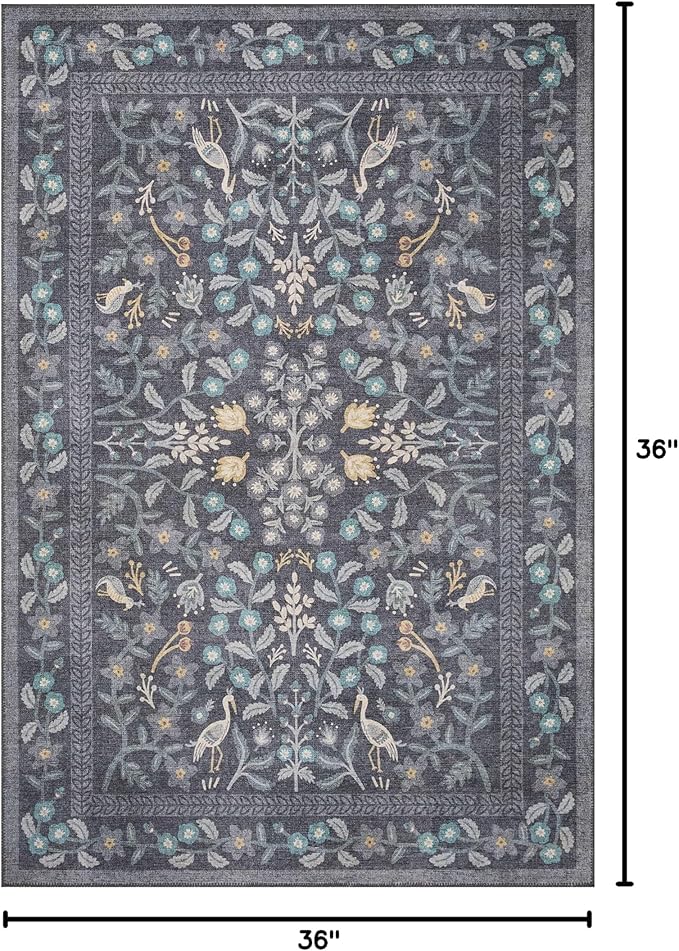 Loloi Rifle Paper Co. Maison Collection MAO-01 Nightingale Black 3'-0" x 3'-0" Round, .19" Pile Height, Accent Rug
