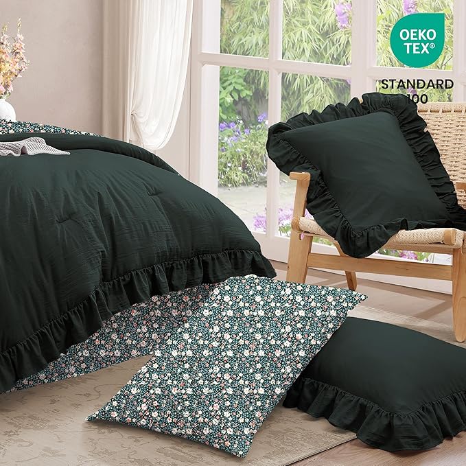 King Comforter Set - 7 Pieces Ruffle Forest Green Bedding Sets, Shabby Chic Farmhouse Bed in a Bag with Ruffle Comforter, Floral Sheets, Pillowcases & Shams