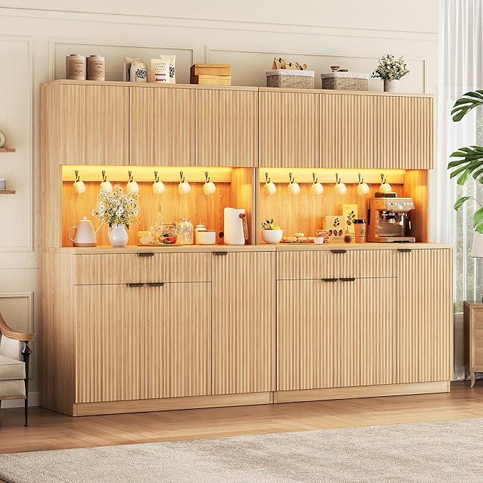 Fluted Kitchen Pantry Storage Cabinet with Charging Station/LED Light/Doors/Shelves, 71'' Tall Kitchen Food Hutch with Microwave Stand for Dining Room Living Room (Natural, 41 * 15.7 * 71)