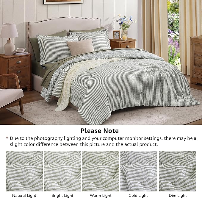 King Comforter Set - 7 Pieces Green Gauze Muslin Bedding Sets for All Seasons, Lightweight Breathable Bed in a Bag King with Revesible Farmhouse Comforter, Sheets, Pillowcases & Shams