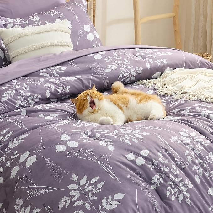 Bedsure Grayish Purple King Comforter Set - 7 Pieces Floral Bedding Sets King Bed in a Bag with Reversible Botanical Flowers Comforter, Sheets, Pillowcases & Shams