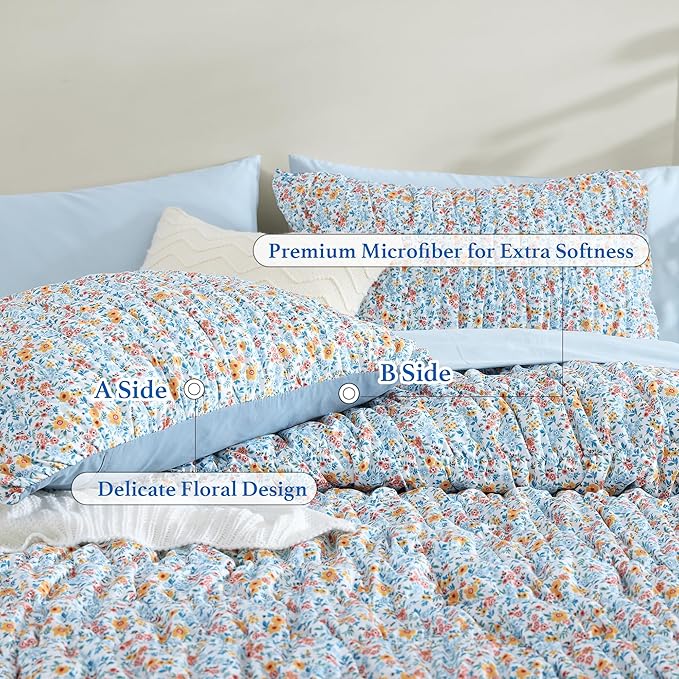 Queen Comforter Set - 7 Pieces Blue Classic Puff Floral Bedding Sets for All Seasons, Shabby Chic Farmhouse Bed in a Bag Queen with Wildflowers Fluffy Comforter, Sheets, Pillowcases & Shams