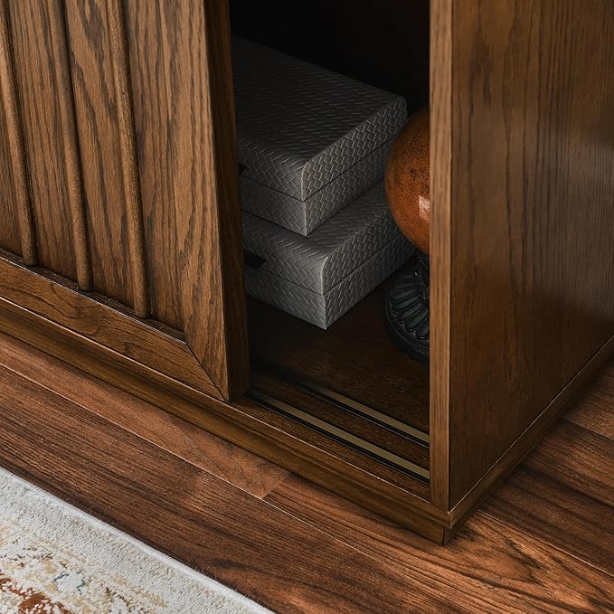 Ball & Cast 32" Mid Century Sideboard Cabinet with 2 Sliding Doors & Solid Wood Decorative Strips, Vintage Storage Cabinet with Outlet Hole for Living Room, Kitchen, Dining, Entryway, Hallway,Walnut