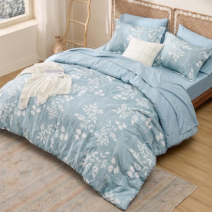 Bedsure Sky Blue Full Comforter Set - 7 Pieces Floral Bedding Sets, Full Bed in a Bag with Reversible Botanical Flowers Comforter, Sheets, Pillowcases & Shams