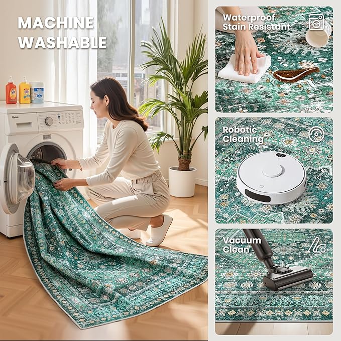 zesthome 6x9 Area Rug, Super Soft Washable Rugs for Living Room, Non-Slip Stain Resistant Vintage Rugs, Ultra-Thin Large Area Rugs(Green/Teal,6'x9')