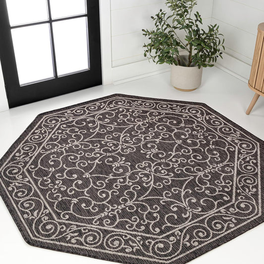 JONATHAN Y Vintage Filigree Indoor Outdoor Octagon Area Rug 5 Ft Black/Gray, Charleston Textured Weave for Backyard, Patio, Porch, Easy-Cleaning, High Traffic, Pet-Friendly, Non-Shedding SMB106G-5TGN