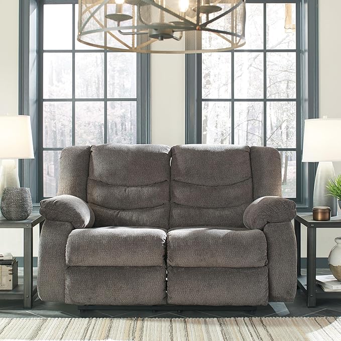 Signature Design by Ashley Tulen Reclining Loveseat, Dual-sided Recliner, Pull Tab Reclining Motion, Fabric Upholstery, 63" W x 40" D x 40" H, Dark Gray