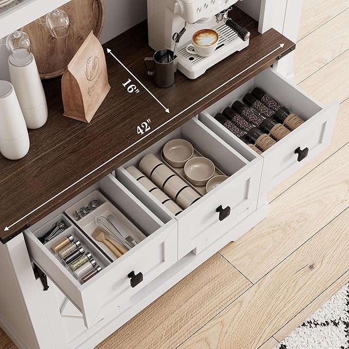 72 in Farmhouse Bar Cabinet with Sliding Barn Door, Tall Kitchen Buffet with Storage Hutch and 3 Drawer, Rustic Coffee Wine Bar Sideboard with Wine & Glasses Rack, for Living Room, Pure White