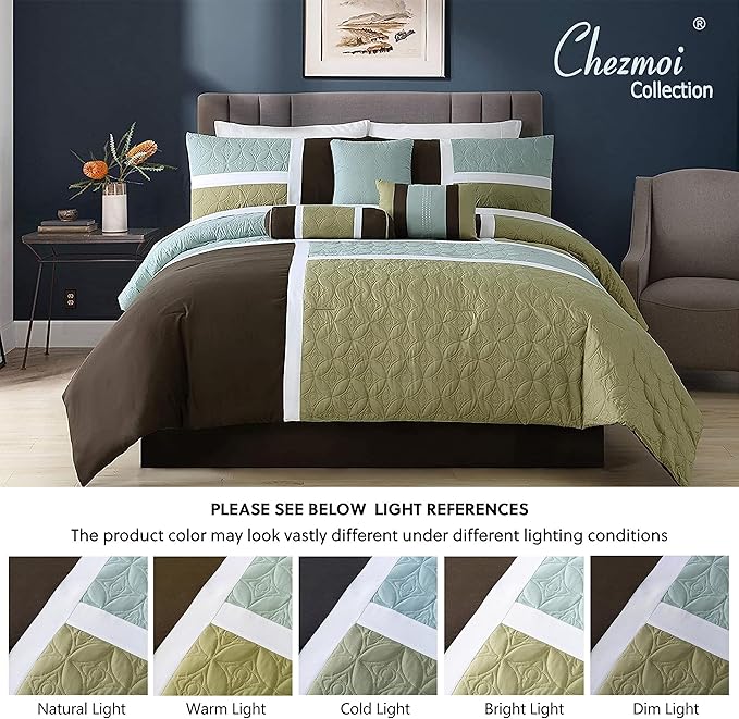 Chezmoi Collection 7-Piece Quilted Patchwork Comforter Set, Coffee Brown/Aqua Blue/Sage Green, Queen