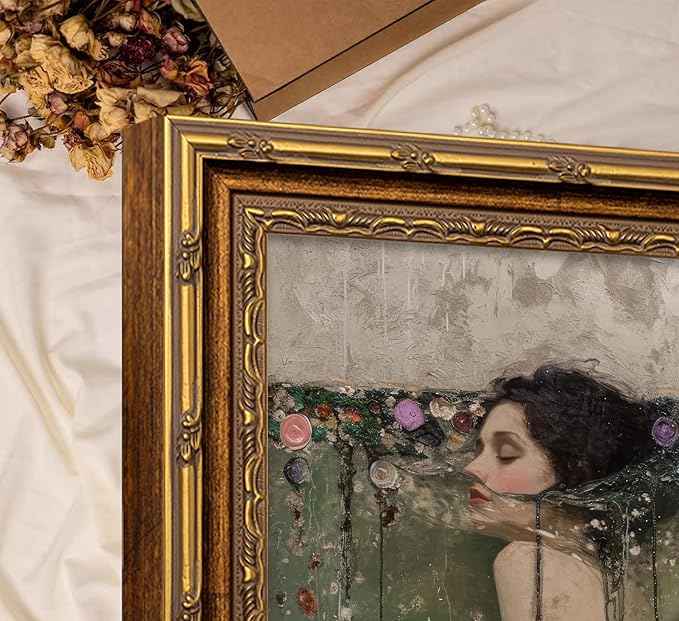 Vintage Gold Framed Ophelia Wall Art, Romantic Victorian Gothic Oil Painting Canvas Print, Dark Academia Wall Decor, Antique Woman Portrait Picture, Moody Floral Poster Artwork for Living Room Bedroom