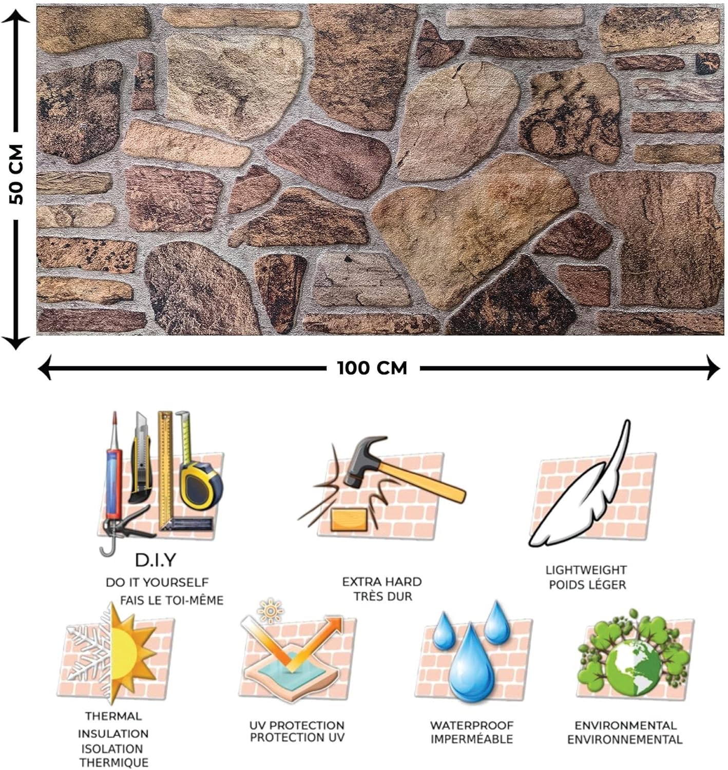Dundee Deco 3D Wall Panels - Cladding Shades of Brown Grey Stone Look Wall Paneling, Styrofoam Facing for Interior and Exterior Applications, DIY, Sample, Size 10 x 10 in.