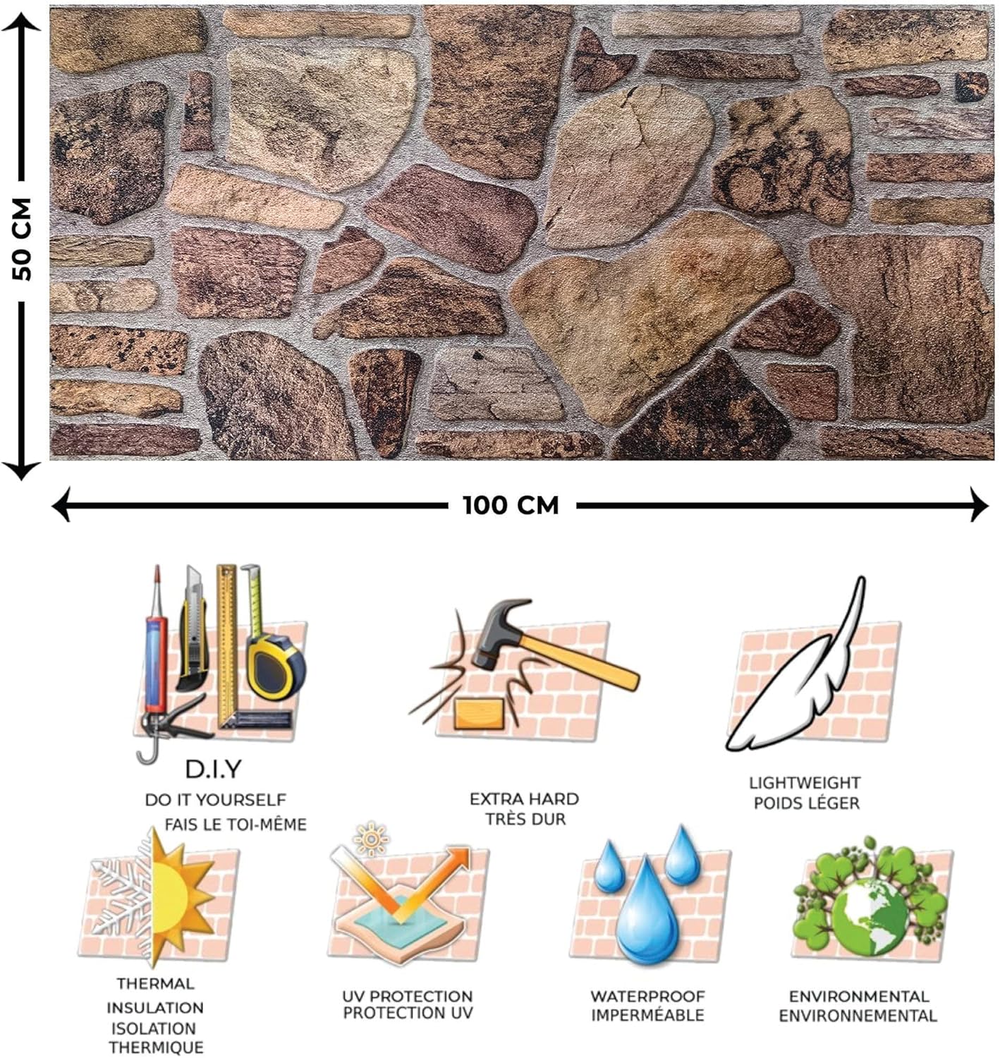 Dundee Deco 3D Wall Panels - Cladding, Shades of Brown Grey Stone Look Wall Paneling, Styrofoam Facing for Interior and Exterior Applications, DIY, Set of 5, Covers 27 sq ft