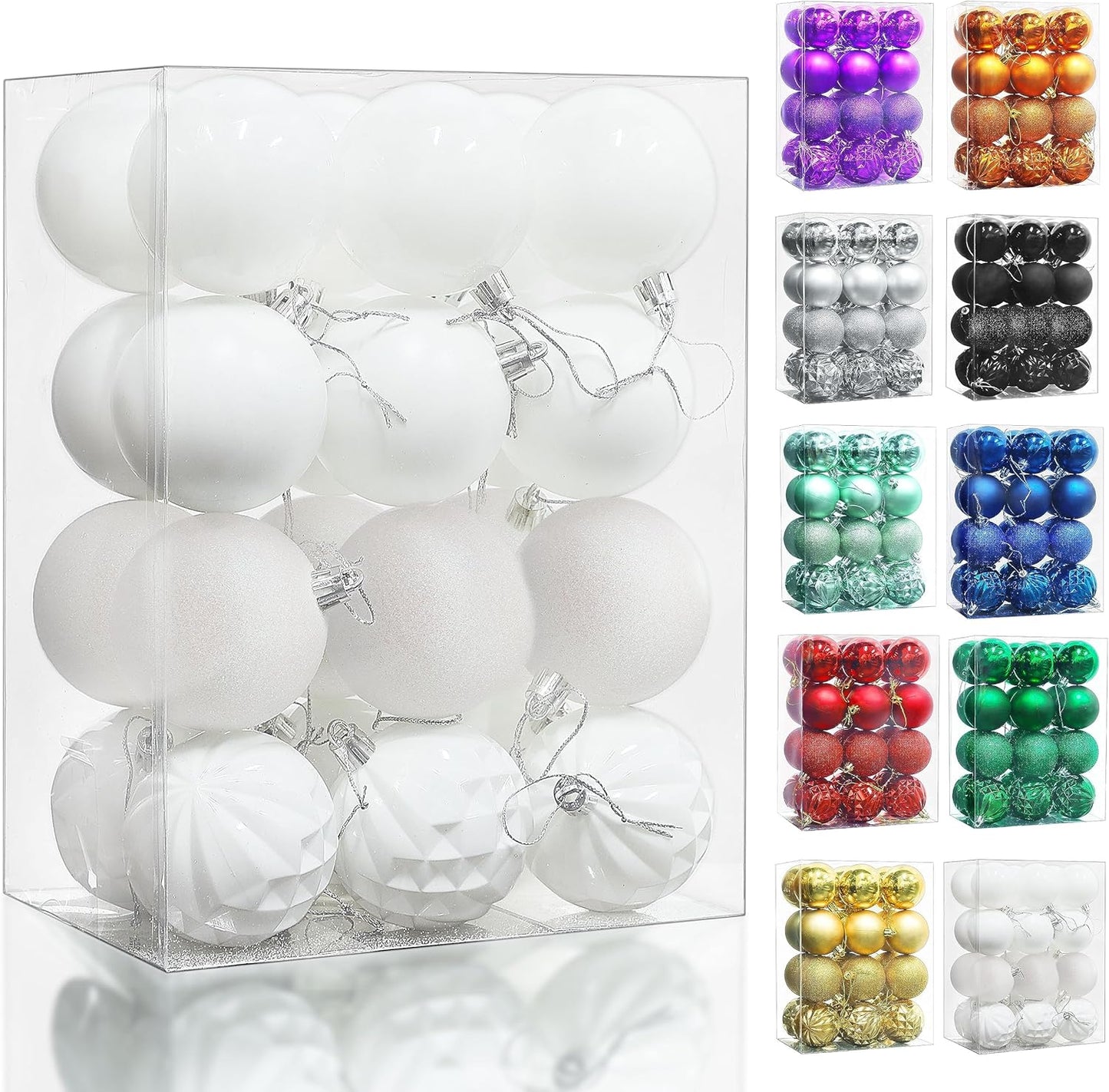 Lulu Home Christmas Ball Ornaments, 24 Ct 2.36" Pre-Strung Hanging Ornament Decorations, Xmas Shatterproof Plastic Balls for Holiday Party Wreath Garlands Trees, White