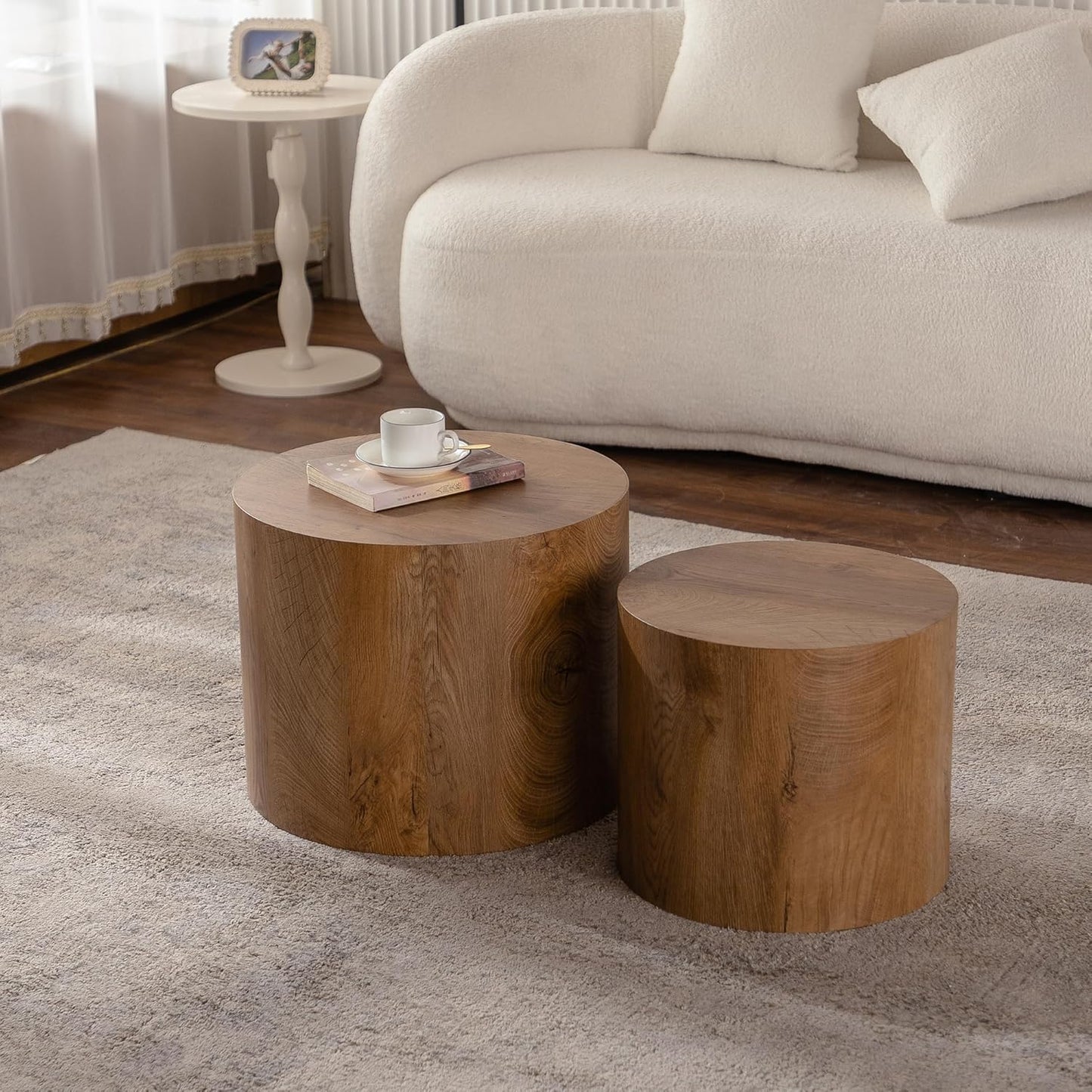 Nesting Round Coffee Table Set of 2, Small Circle Accent End Table for Small Spaces, Morden Drum Side Table, Wooden Center Table for Living Room, Fully Assembled - Light Walnut