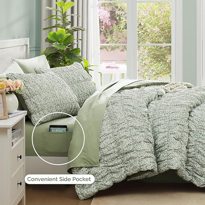 King Comforter Set-7 Pieces Sage Green Classic Puff Floral Bedding Sets for All Seasons,Shabby Chic Farmhouse Bed in a Bag King with Wildflowers Fluffy Comforter,Sheets, Pillowcases & Shams