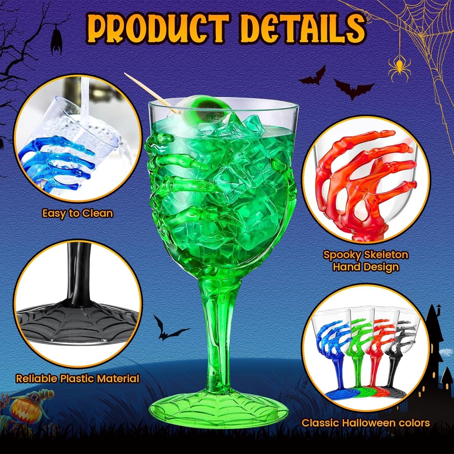 Sliner 24 Pcs Halloween Skeleton Hand Plastic Goblets 12 oz Spooky Skeleton Hand Goblets Halloween Wine Glasses Champagne Glassware Creepy Clear Cups for Party Haunted House, 4 Color
