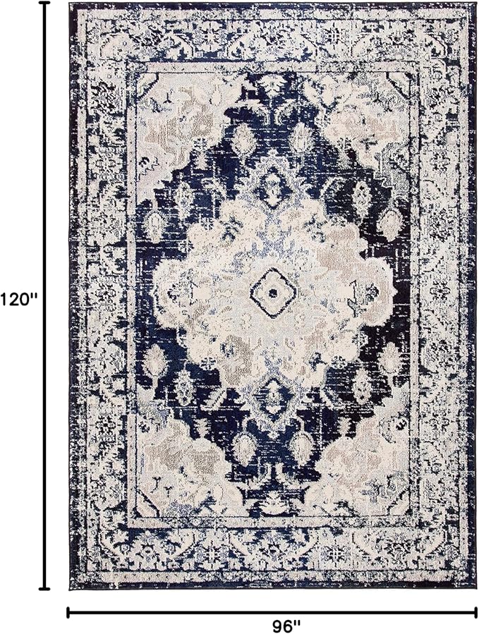 SAFAVIEH Monaco Collection Area Rug - 8' x 10', Ivory & Navy, Non-Shedding & Easy to Clean, Distressed Medallion Design, Ideal for Living Room, Bedroom, Dining Space (MNC243C)