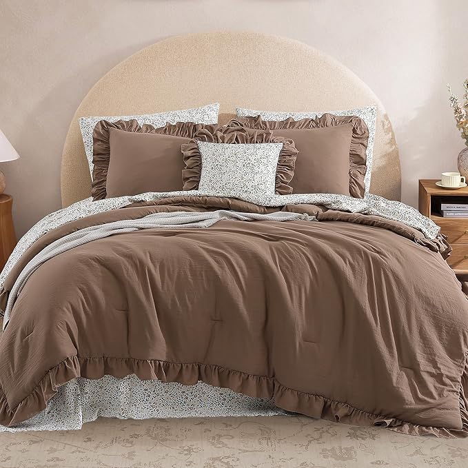Oversized King Comforter Set - 7 Pieces Ruffle Amber Brown Bedding Sets, Shabby Chic Farmhouse Bed in a Bag with Ruffle Comforter, Floral Sheets, Pillowcases & Shams