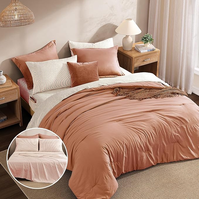 Monbix Full Size Comforter Set - 7 Pieces Autumn Leaf Prewashed Bed in a Bag Full Bedding Sets with Comforters, All Seasons Comforter Bed Set with Sheets, Pillowcases & Shams