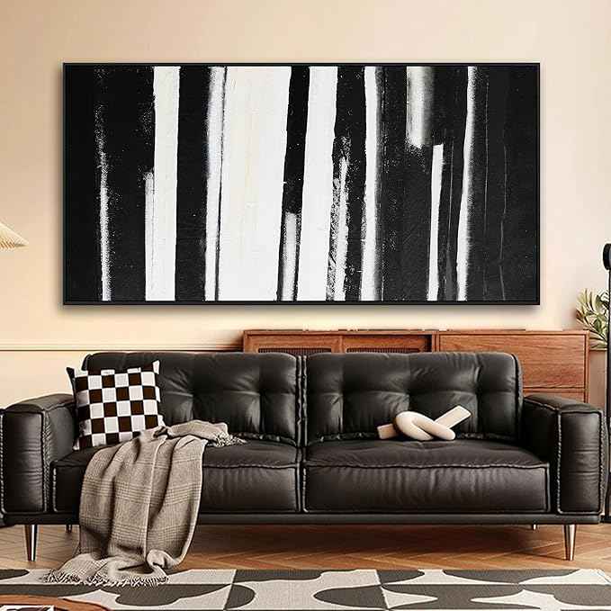 Framed Abstract Canvas Wall Art - Large Minimalist Stripes Black & White - Modern Wall Decor for Living Room, Bedroom, Kitchen & Office - 29"58"