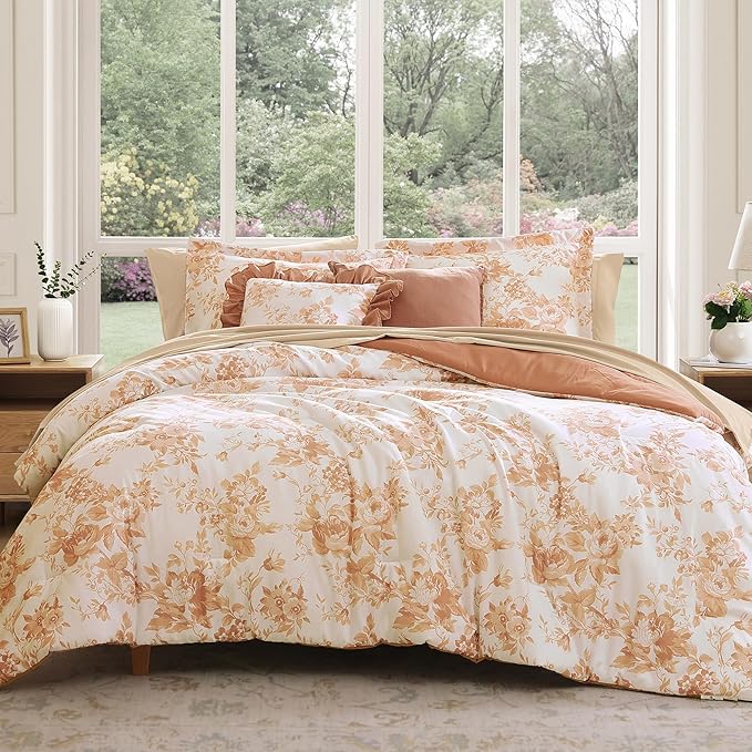 Full Comforter Set -7 Pieces Autumn Leaf Floral Comforter Set for All Seasons, Bed in a Bag Full with Botanical Flowers Comforter, Sheets, Pillowcases & Shams
