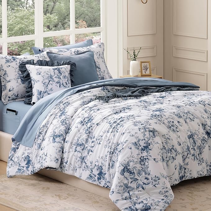 California King Comforter Set -7 Pieces Floral Rain Washed Bedding Set for All Seasons, Bed in a Bag with Botanical Flowers Comforter, Sheets, Pillowcases & Shams
