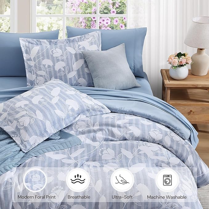 Full Comforter Set -7 Pieces Blue Floral Comforter Set for All Seasons, Bed in a Bag Full with Botanical Flowers Comforter, Sheets, Pillowcases & Shams
