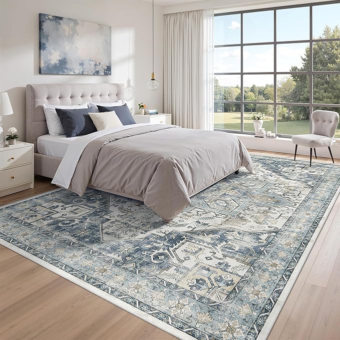 zesthome 9x12 Area Rugs-Washable Rug for Living Room, Non-Slip Backing Rugs, Stain Resistant 9x12 Rug for Bedroom, Ultra-Thin Low Pile Rugs, Vintage Large Home Decor