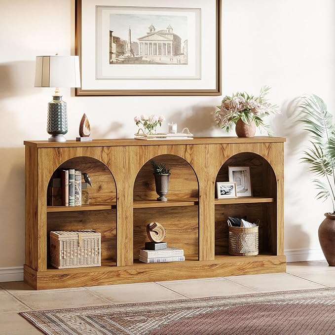 Tribesigns Farmhouse Console Table, 63-Inch Long 3-Tier Entryway Table with Storage, Wooden Rectangular Sofa Table Behind The Couch for Entrance, Hallway, Living Room, Natural Wood