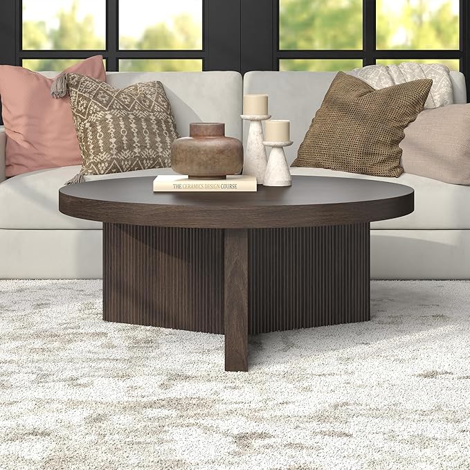 Henn&Hart 36" Fluted Round Low-Profile Coffee Table with Ribbed Pedestal Base Living Room, Family Room, or Office, Warm Brown
