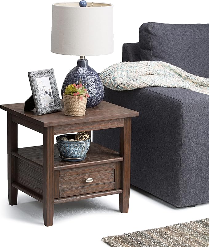 SIMPLIHOME Warm Shaker End Table - 20 inch Wide Solid Wood Side Table in Farmhouse Brown, Transitional Accent Table for Living Room or Bedroom with Drawer, Open Shelf and Square Tapered Legs