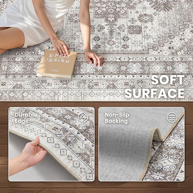 zesthome 5x7 Area Rugs - Ultra-Thin Washble Rug, Stain Resistant Anti Slip Backing Rugs for Living Room,Bedroom, Vintage Home Decor Area Rug (Brown/Beige,5'x7')
